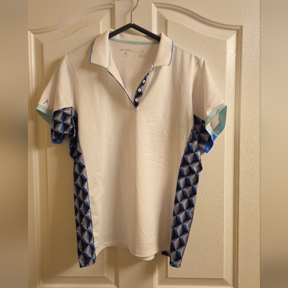 Antigua Womens White and Blue Polo Golf Shirt, XL